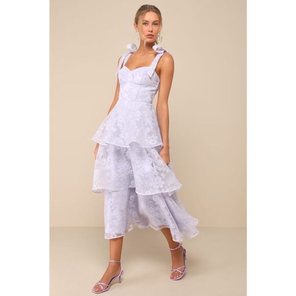NWT LULUS Glamorous Sweetie Lavender Burnout Tie-Strap Bustier Midi Dress Size L - Picture 1 of 8